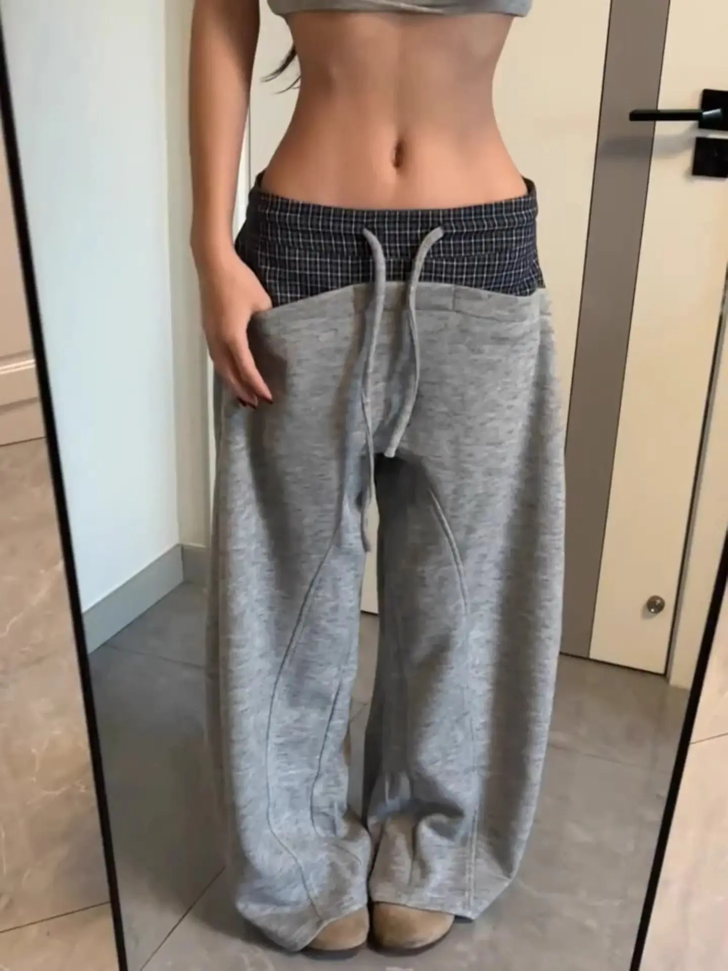 Women American Vintage Plaid Spliced Casual Pants Drawstring Waist Loose Irregular Wide Leg Floor-length Trousers