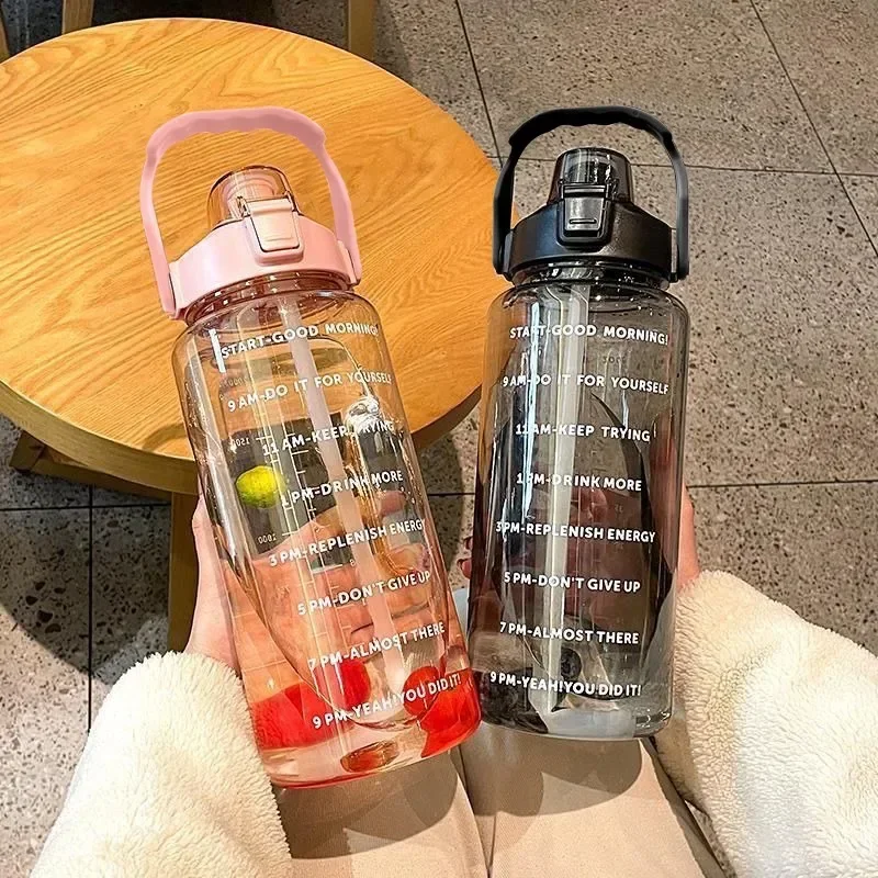 2 Liter Outdoor Sports Drinking Bottles with Time Marker Water Bottle with Straw Large Capacity Outdoor Cup Fitness Water Bottle