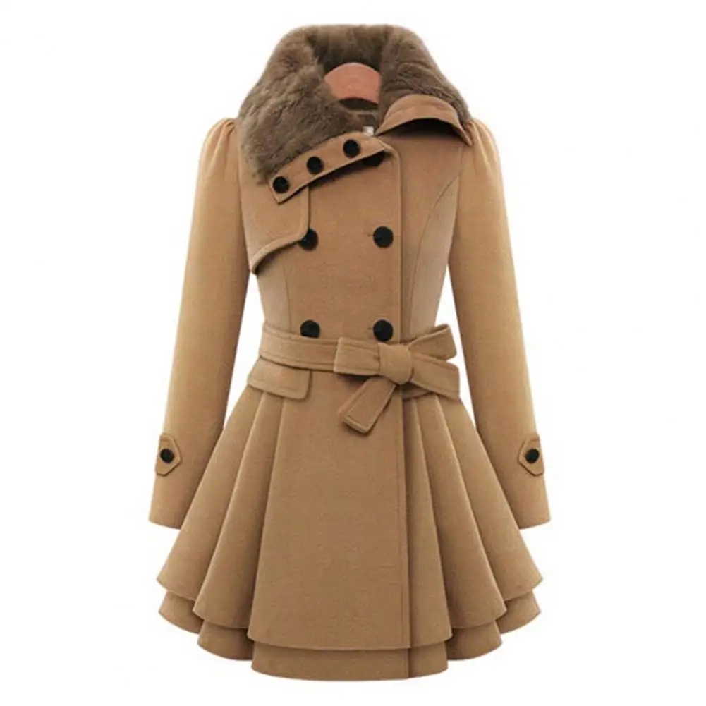 Women Trench Coat Thick Midi Length Double Breasted Autumn Winter Korean A-line Loose Hem Tight Waist Lady Dress Jackets