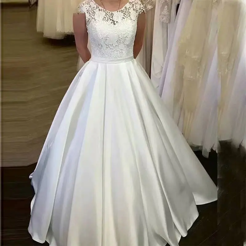 Customized A-Line Satin Women Wedding Dresses Lace O-Neck Sleeveless Bridal Gowns Formal Vestido De Noiva robe de mariée