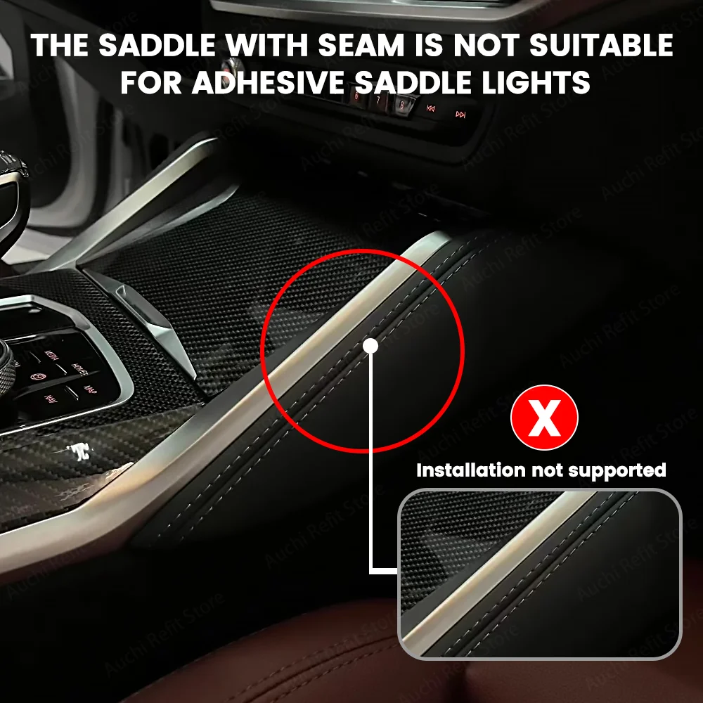 BMW新型3/4シリーズG20 G22 G26用、純正センターコンソールサドルライトに取り付けられるLED装飾ライト（11色、粘着式）を取り外さないでください。