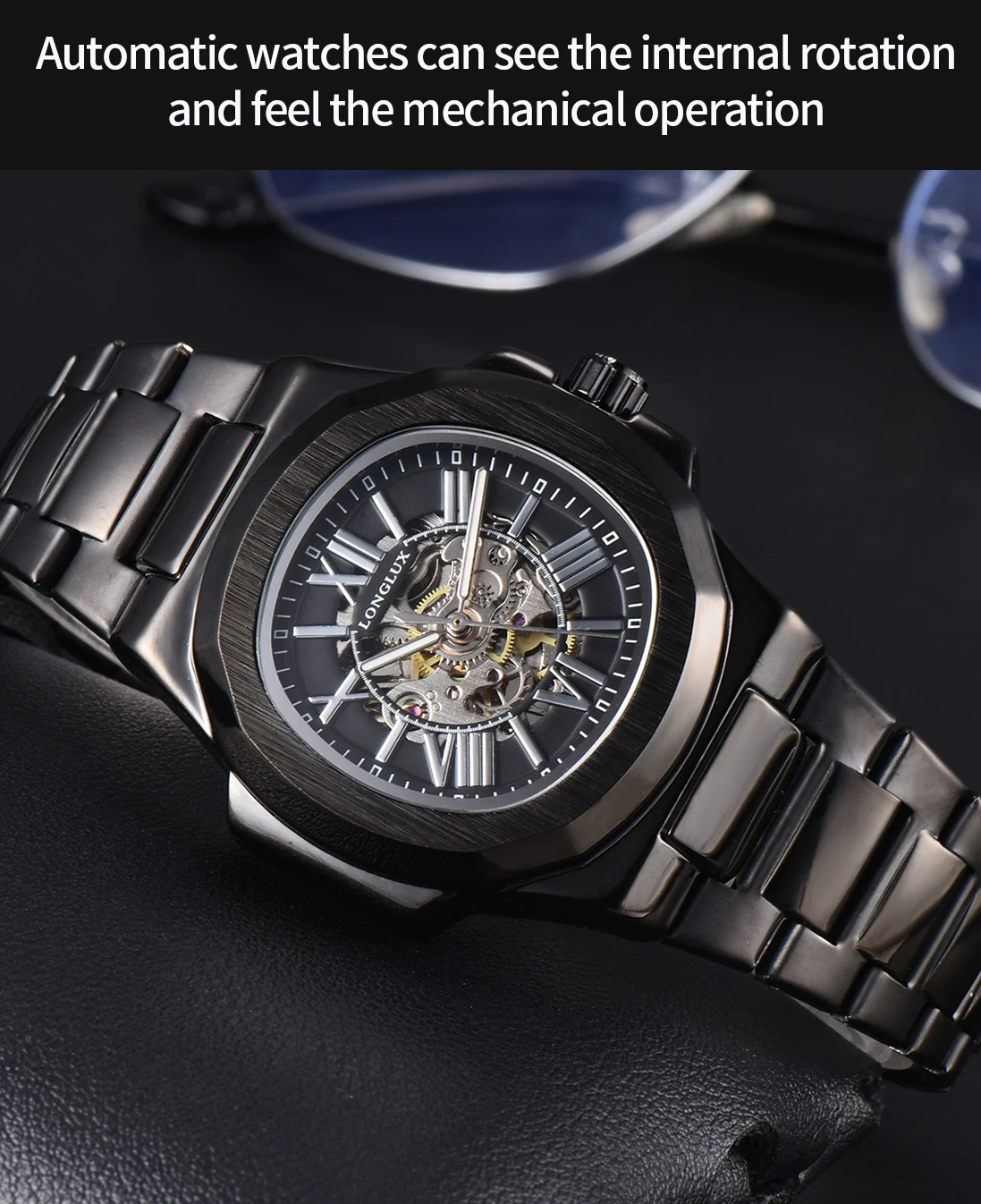 LONGLUX HOT SALE NEW Automatic Mechanical Men Watch Rome Business Waterproof Skeleton Luminous Stainless Steel Gift Watch