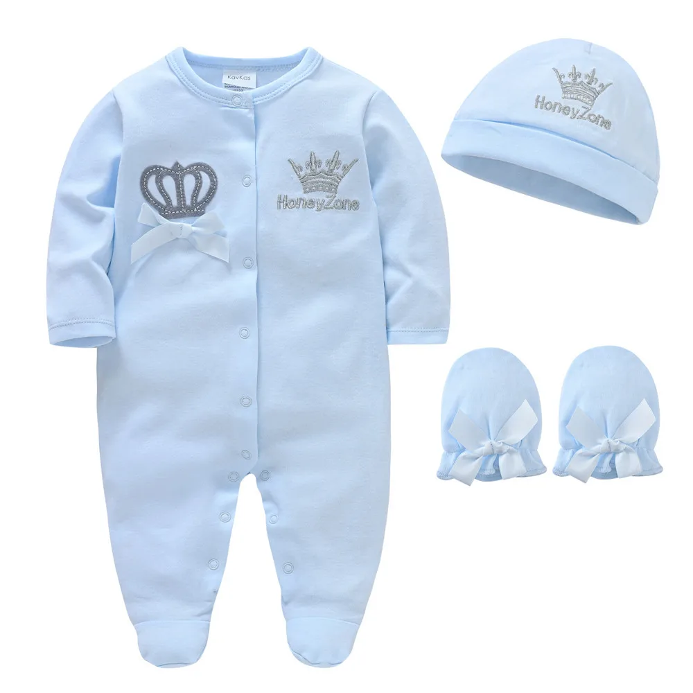 Newborn Baby Boys Romper Royal Crown Prince 100% Cotton Clothing Set with Cap Gloves Infant Girl One-Pieces Footies Sleepsuits