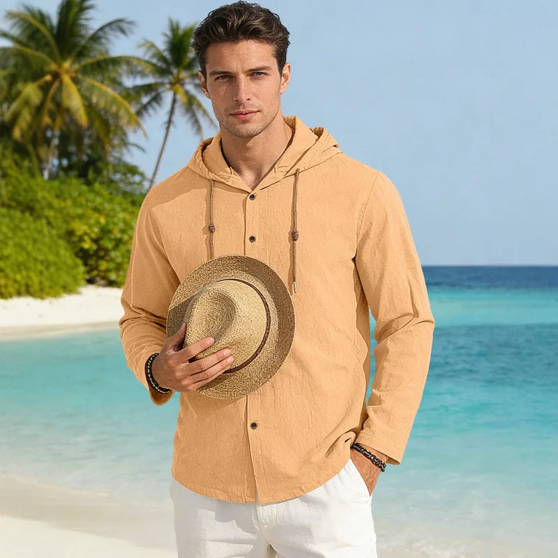 B&C Khaki Hooded Shirt Men Button Down Long Sleeve Drawstring Top for Beach Vacation Casual Summer