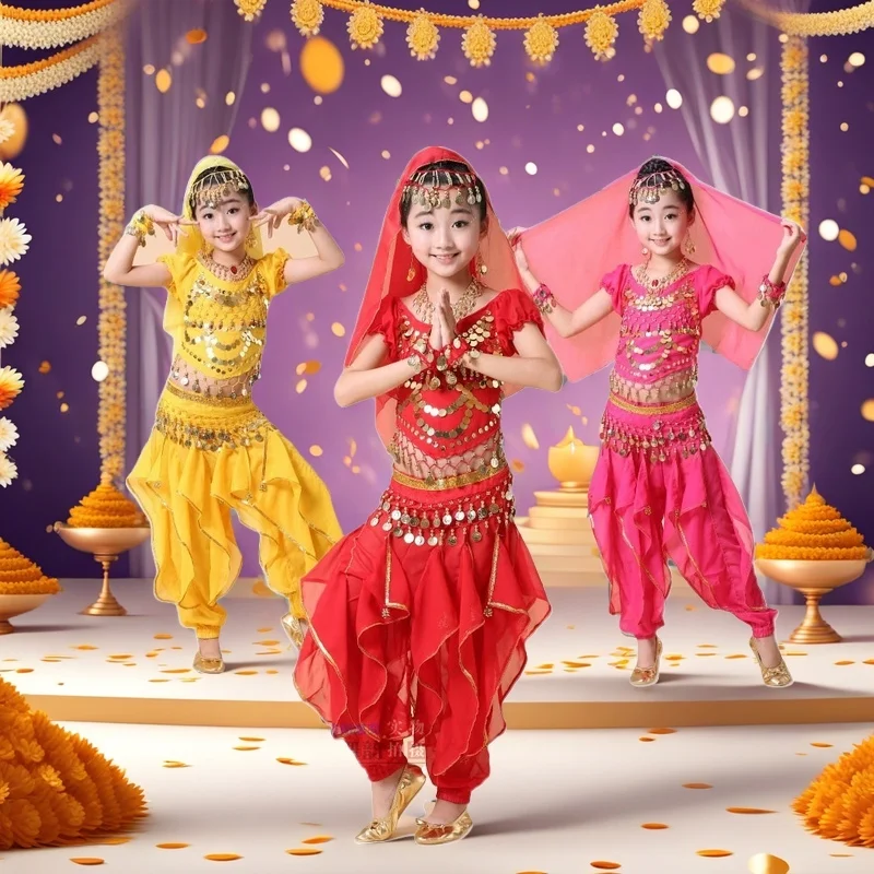 Abbigliamento da ballo Set di costumi di danza del ventre per bambini Vestito di fiori indiani per ragazze 6 pezzi (copricapo di velo con gonna e cintura superiore)