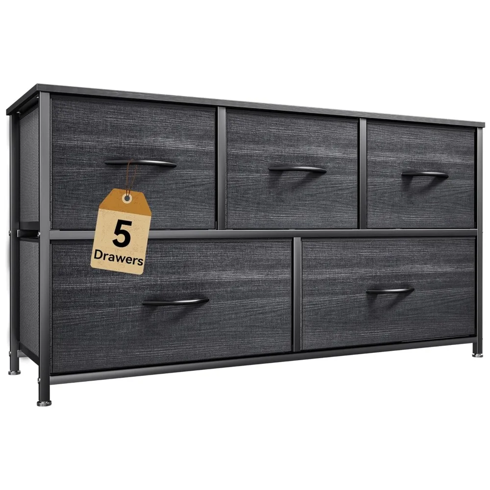 

5-Drawer Fabric Storage Tower by DWVO: Versatile Organizer for Bedrooms, Living Spaces, and Closets - Durable Steel and Wood Con