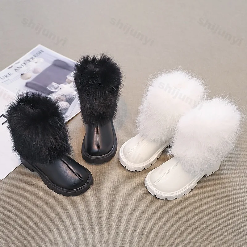 

Girls Short Boots 2025 Autumn Winter New Children Fashion Leather Boots British Style Warm Plush Fluffy Kids Princess Boots