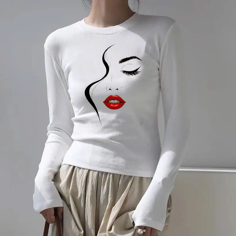 Women's T-Shirt Abstract Face Line Art Graphic Print O Neck Long Sleeve Shirt Women Autumn Casual Basic Woman T Shirts