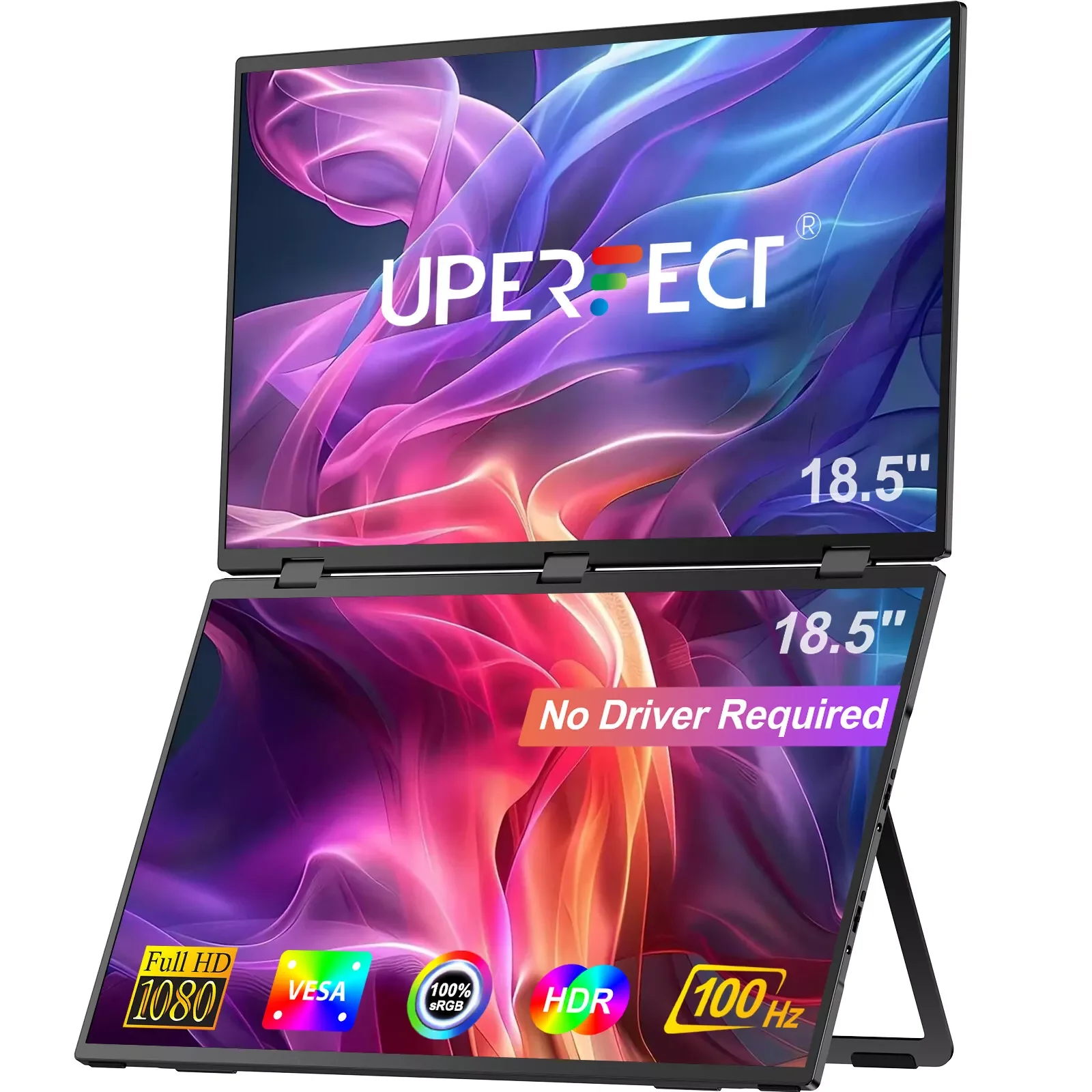 UPERFECT Upgraded NO Driver 18.5 inch 100hz Portable Monitor 1080P Folding Stacked Laptop Dual Screen for Windows Mac