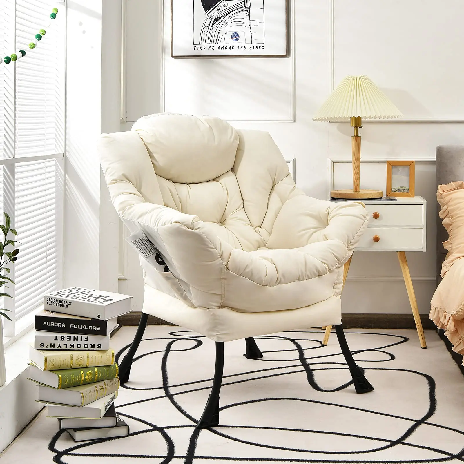 Modern Lazy Chair, Single Sofa Chair w/Side Pocket and Armrests, Soft Upholstered Modern Leisure Chairs, Suitable for