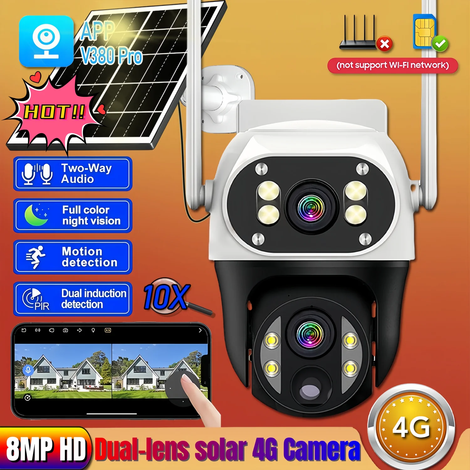 

V380 Pro 4G Solar Camera Dual Lens PTZ Motion Detection Night Vision Outdoor Wireless Security Video IP Camera 8MP CCTV Monitor