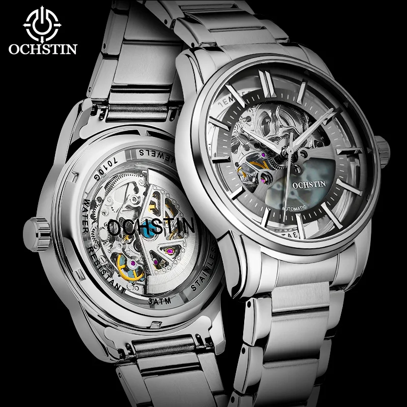 OCHSTIN New Stainless Steel Waterproof Mens Skeleton Watches Top Brand Luxury Transparent Mechanical Sport Male Wrist Watches