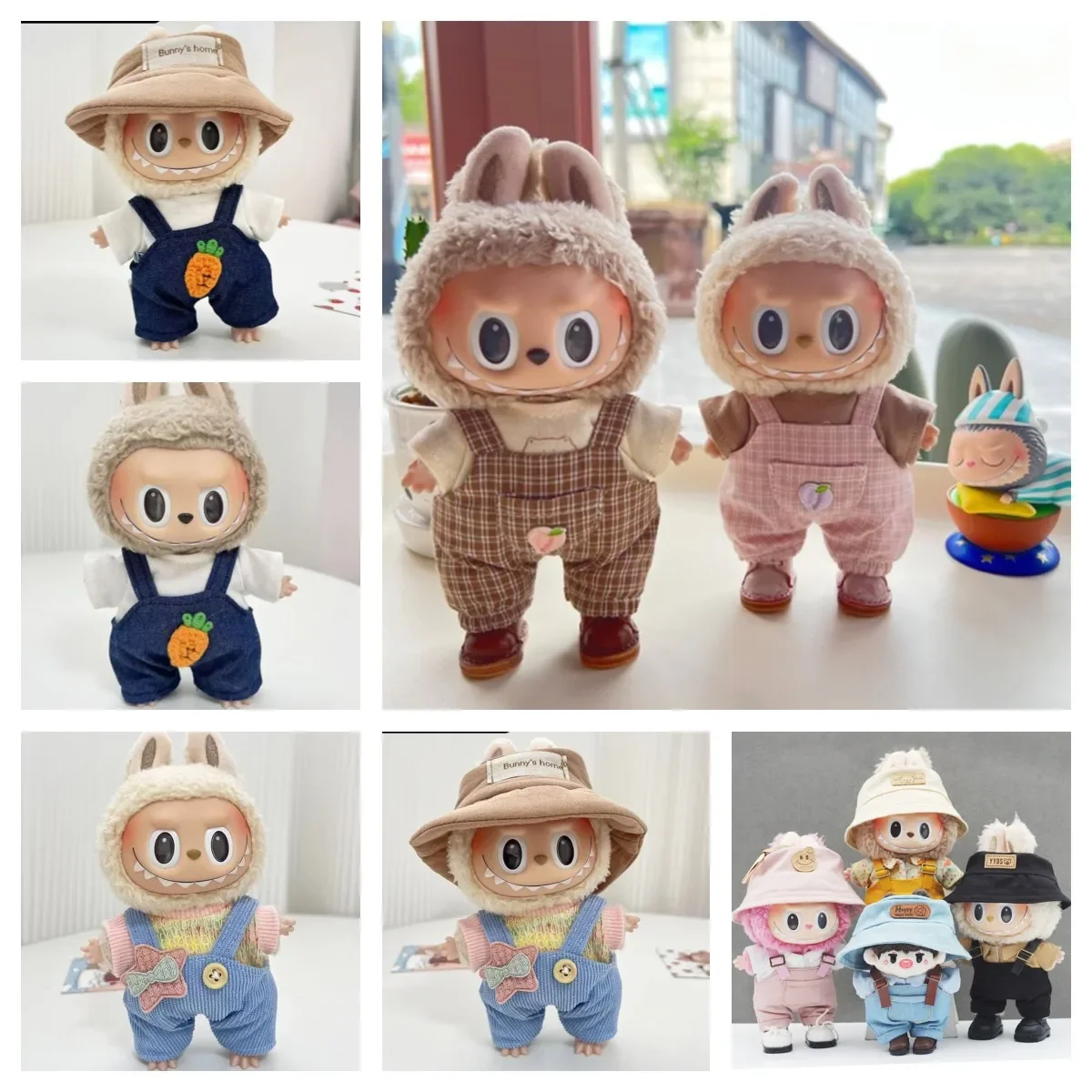 17cm Mini Plush Doll'S Clothes Outfit Accessory For Korea Kpop Exo Labubu Idol Casual plaid overalls T-shirt suit Clothing Gift