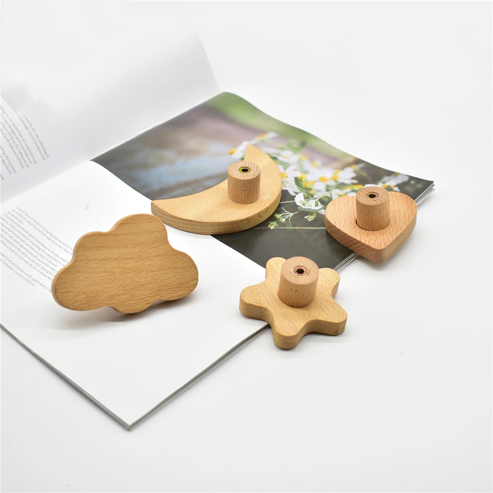 Solid Wooden Furniture Handle Drawer Knobs Kitchen Cabinet Pulls Handles Children's Room Stars Moon Cloud Door Handle Wood Knobs