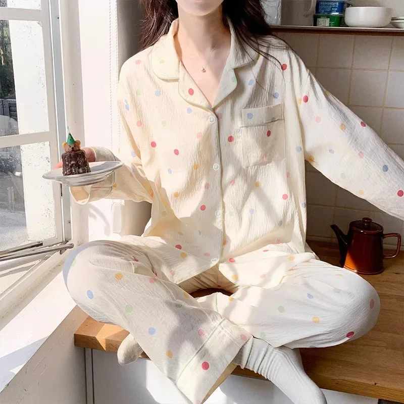 Korean Ins Color Wavelet Dot Nightwear Women's Pajamas Autumn Long Sleeve Set Small Fresh Loose Set Ladies Sleepwear Homewear
