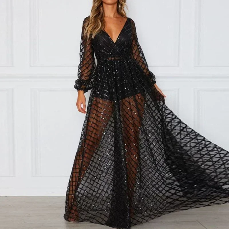 Robe de soirée en maille à paillettes pour femmes, col en V, taille haute, robe de Rhplissée, élégante, dames, dos nu, longue, robe éducative, mode, 2024