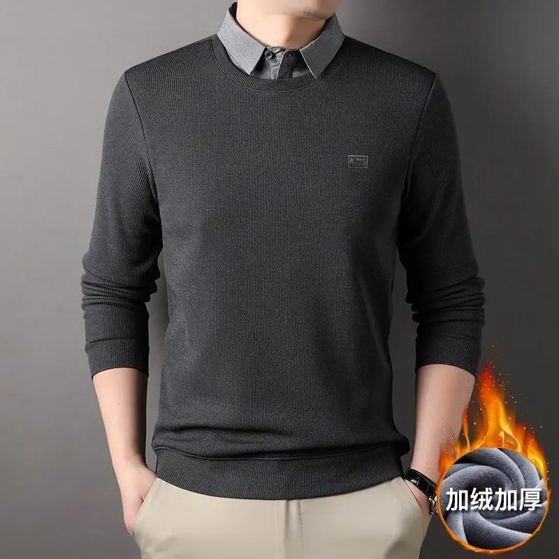

Мужской утепленный свитер на флисовой подкладке, повседневный классический мягкий деловой пуловер с двумя подкладками, мужской свитер высокого качества с базовым слоем