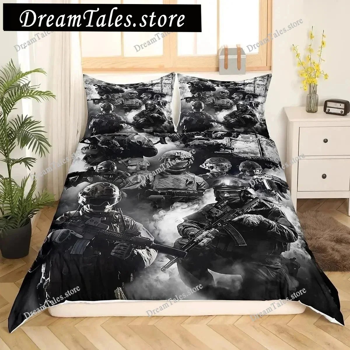 Soldier Duvet Cover Set Army Rifle Machine Gun Bedding Set for Boys Under Mission Army Bedclothes Military Polyester Quilt Cover
