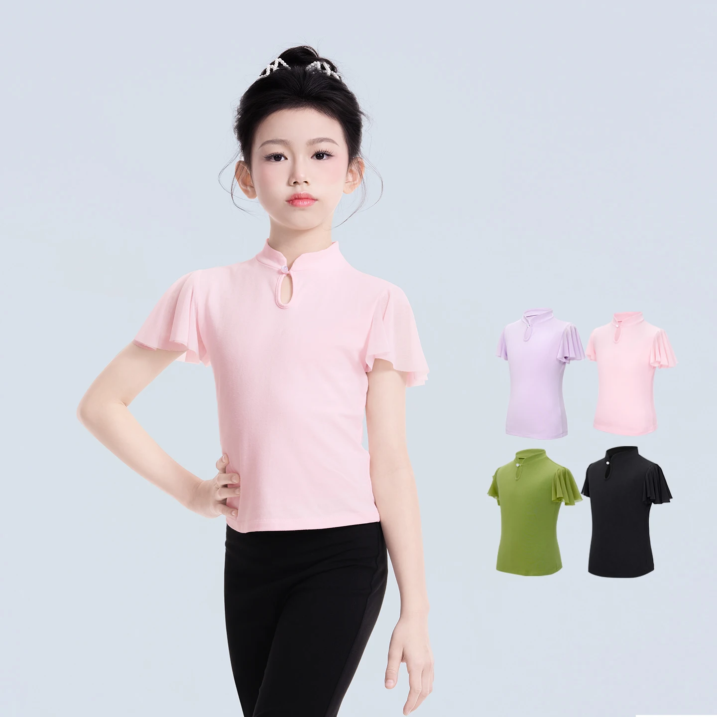 

Kid Girls Stand Collar Dance Tops Fly Short Sleeve Smock Tops Black Children Classic Front Collar With Button Dance Costumes