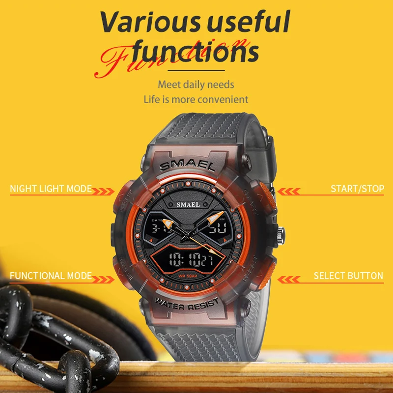 SMAEL Brand Men Watches Digital Watch LED Sport Watches Men\'s Wristwatches Student Waterproof Dual Time Watches LED Clock Male