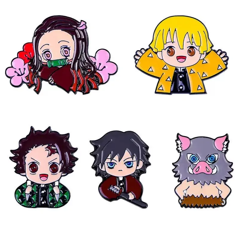 5 szt./zestaw Demon Slayer Chibi Emaliowane Przypinki Broszki Tanjirou Nezuko Zenitsu Inosuke Giyuu Odznaki na Klapę Ubrania Akcesoria z Kreskówek