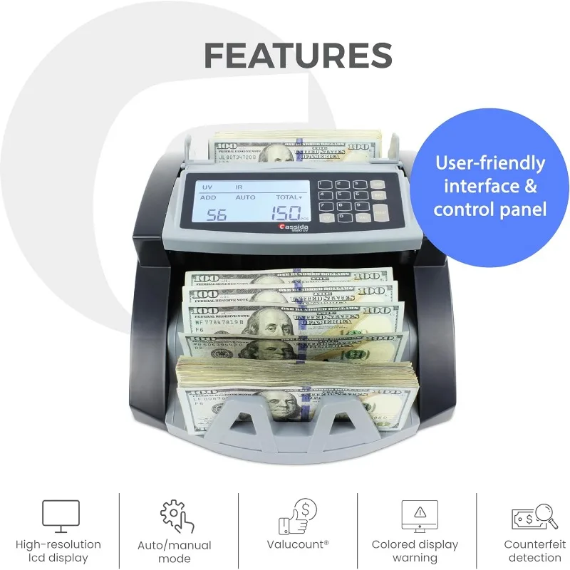 USA Money Counter with ValuCount, UV/MG/IR Counterfeit Detection, Add and Batch Modes - Large LCD Display & Fast Counting Speed