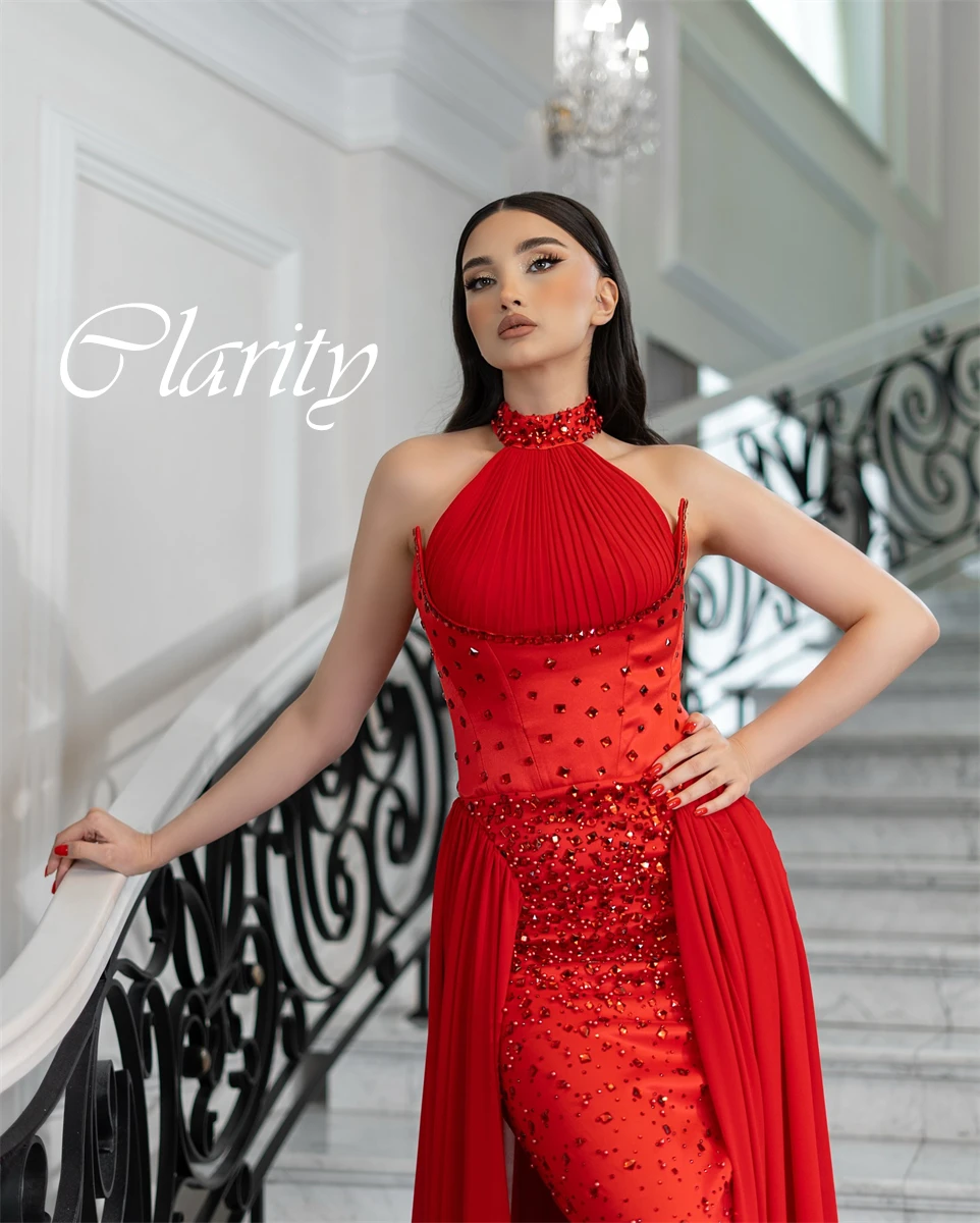 

Customized Delicate Red Satin Evening Dress Exquisite Halter Sleeveless Crystal Prom Dress Chapel Train Zipper Back Party Dress
