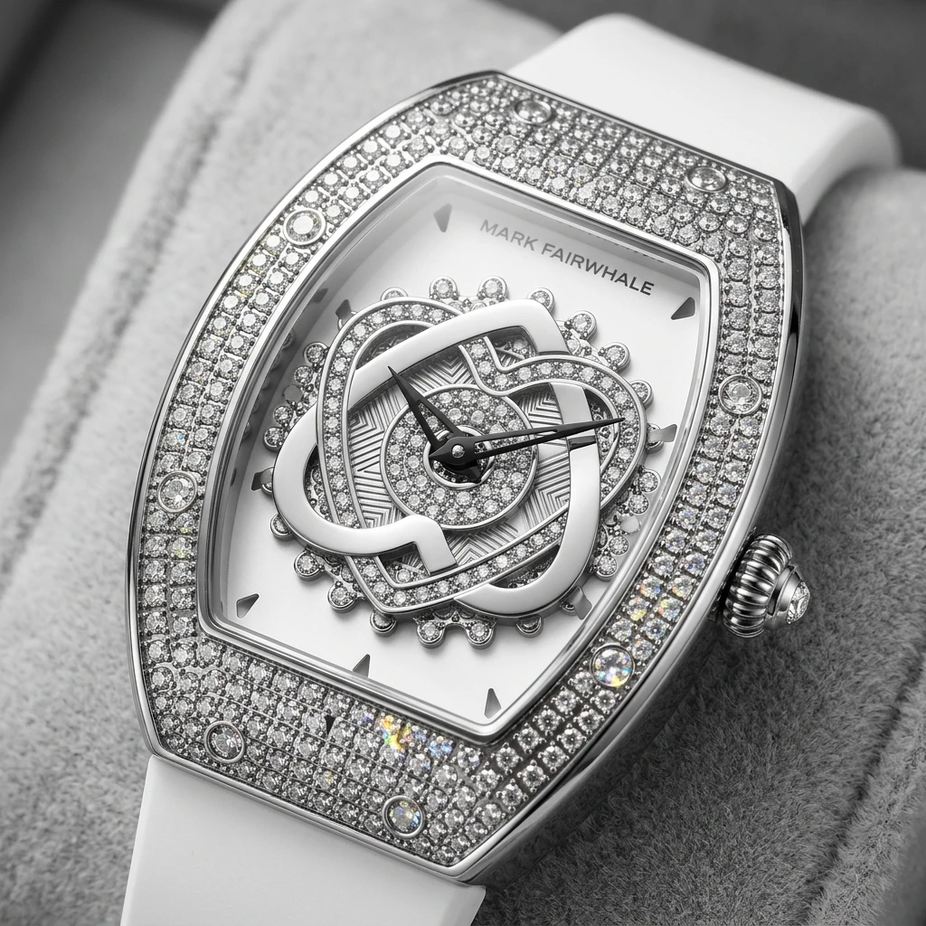 Mark Fairwhale Ladies Wrist Watch Quartz Movement Tonneau Camellia Flower Dial Fully Inlaid Rhinestone Silicone Band for Women