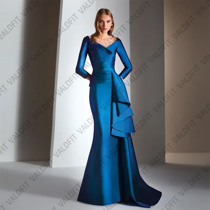 

Customized Long Satin Blue Mother of the Bride Dresses with Sleeves Wedding Party Dress Robes Invitee Mariage