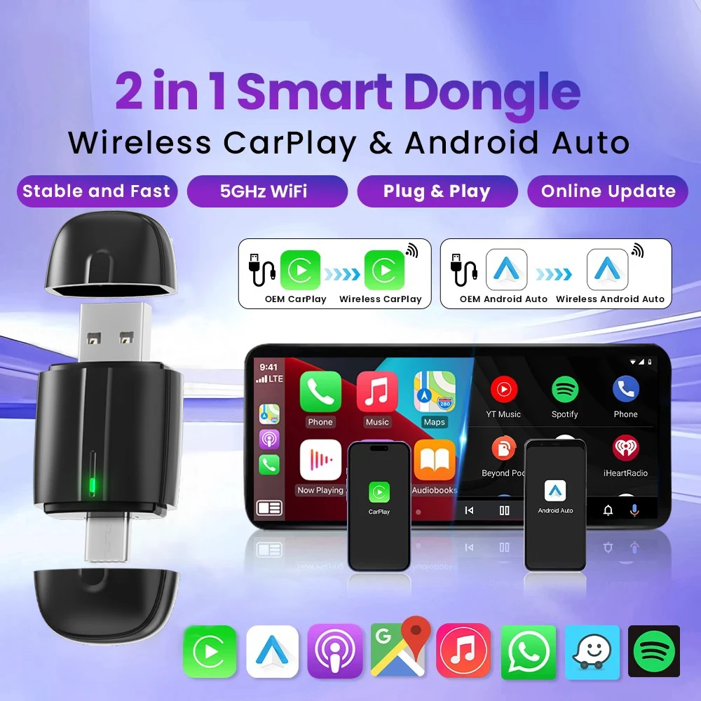

Беспроводной адаптер CarPlay/Android Auto 2-в-1 с двойным интерфейсом USB/Type-C, 5 ГГц, AI Smart Box, быстрое подключение для Volvo, Benz, VW