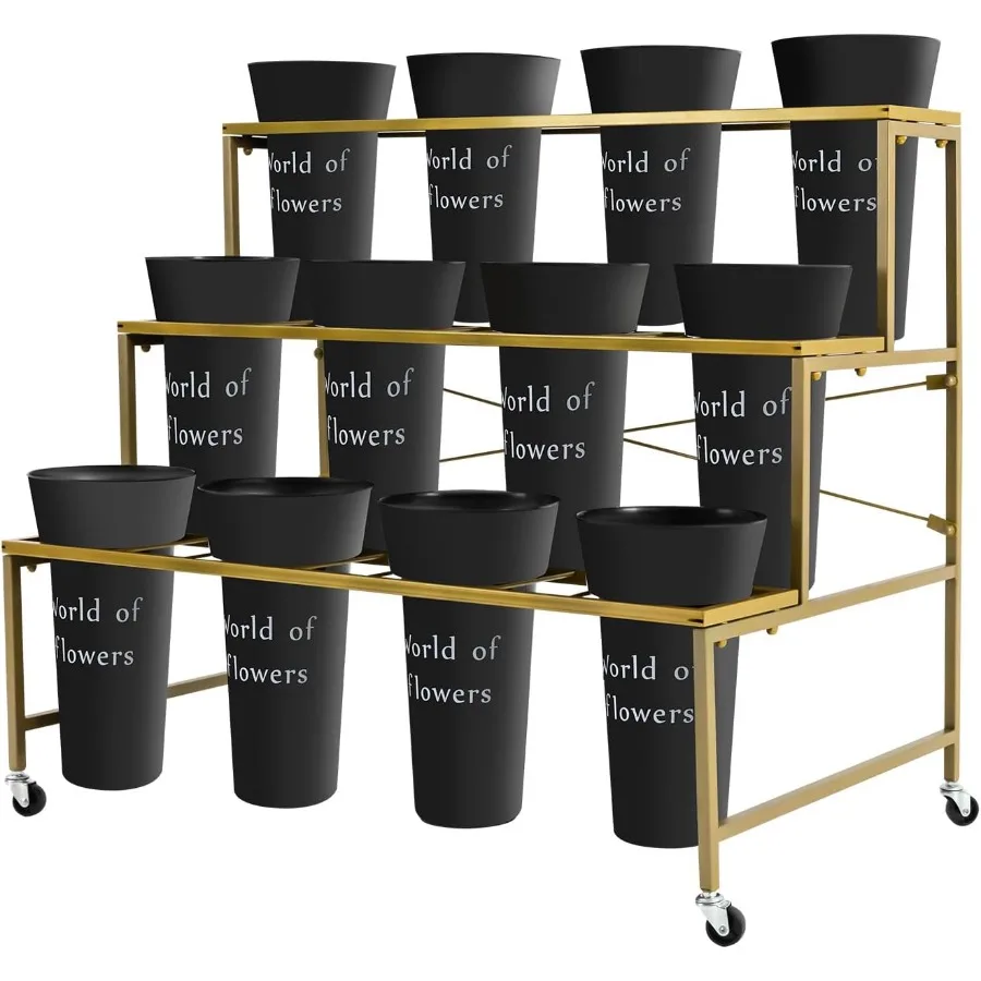 

Подставка для цветов с 12 ведрами, 3-слойная металлическая подставка для растений с колесами, сверхмощная съемная рама тележки для перемещения растений для