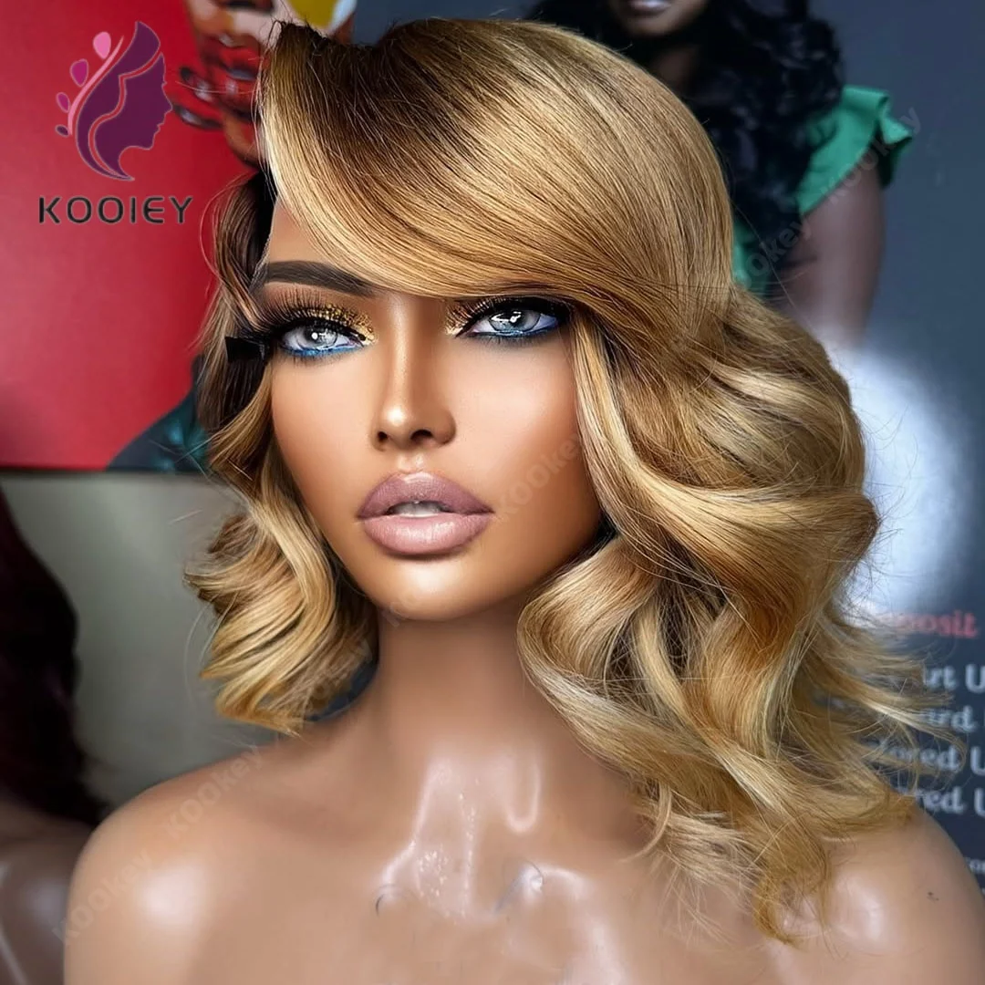

Side Part Ombre Blonde #1b/27 Human Hair Body Wavy Short Bob Wigs 5x5 Silk Top Closure Wigs Bleached Knots 13x6/360 Lace Wigs