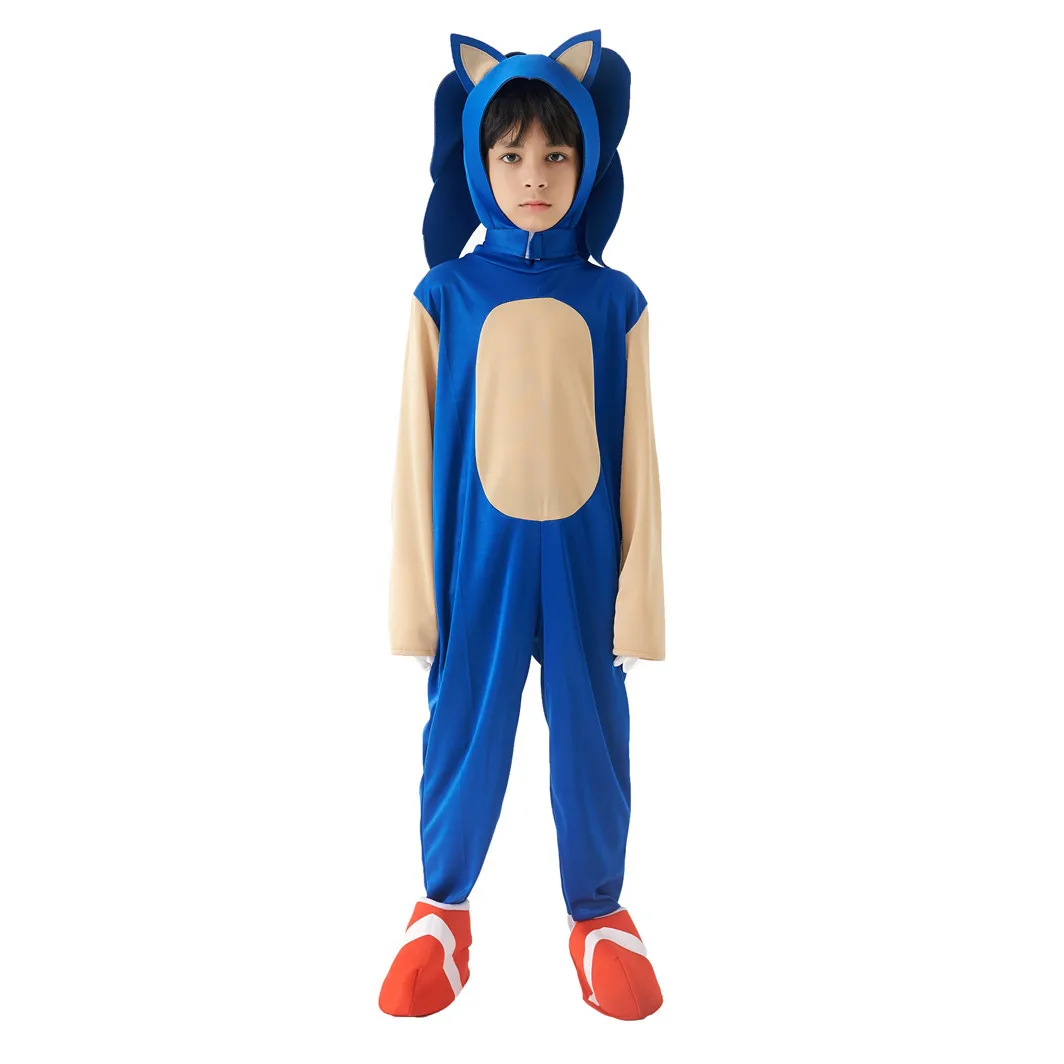 Sonics Cartoon Jumpsuit Bodysuit Kids Cosplay Disguise Hedgehog Cosplay Costume Anime Boys Girls White Gloves Halloween Gift