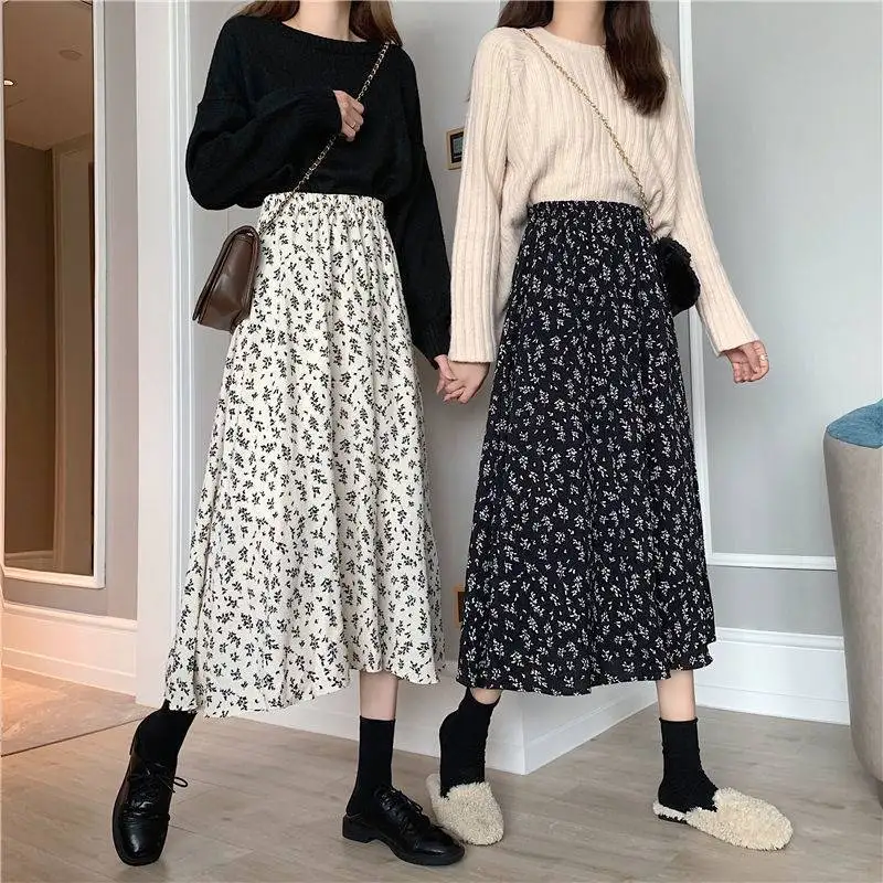 Plus Size Lastic Waist Casual Floral Skirt Summer Loose Streetwear Black Kawaii Long Skirts For Women New Korean Fashion Faldas