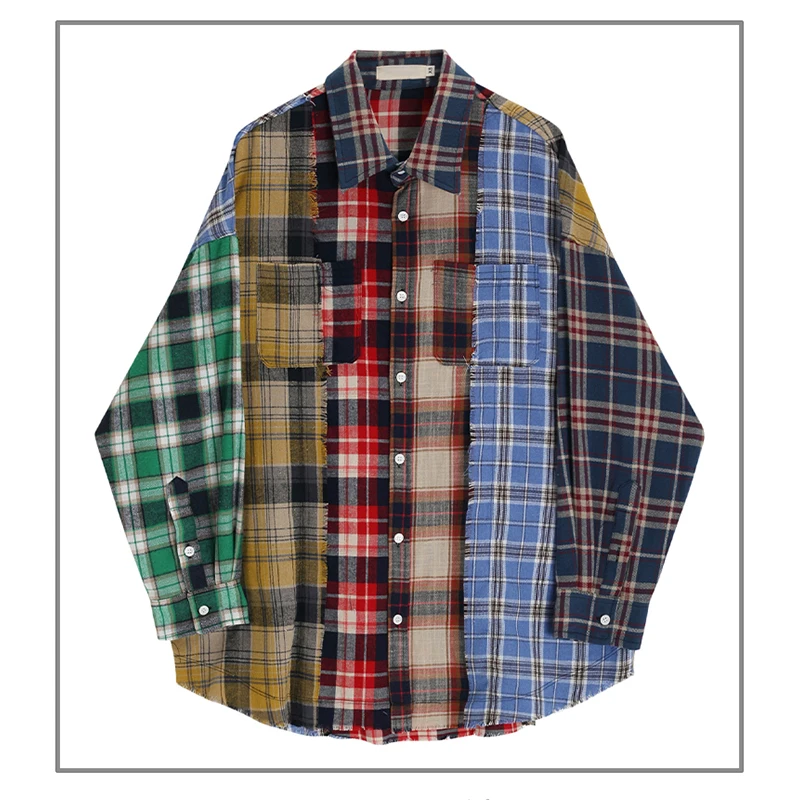 Women Patchwork Plaid Shirts and Blouses Y2k Vintage Korean Harajuku Fashion 90s Elegant Long Sleeve Polo-Neck Shirt Top Clothes