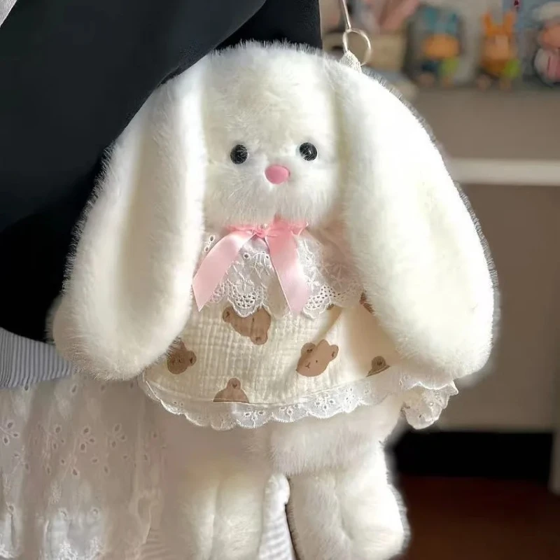 Vrouwen ins cartoon lange oor konijn pluche rugzak meisje schattige bont schoudertas