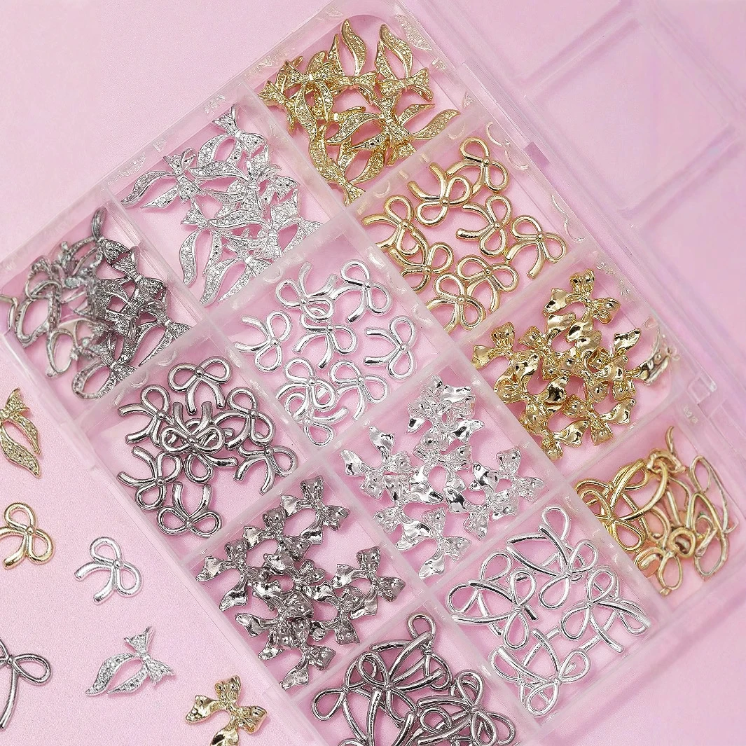 

1Box Mixed Style Gold Silver Ribbon Bowknot Rhinestone Metal Nail Art Decorations Alloy Resin Manicure Accessories Wholesale