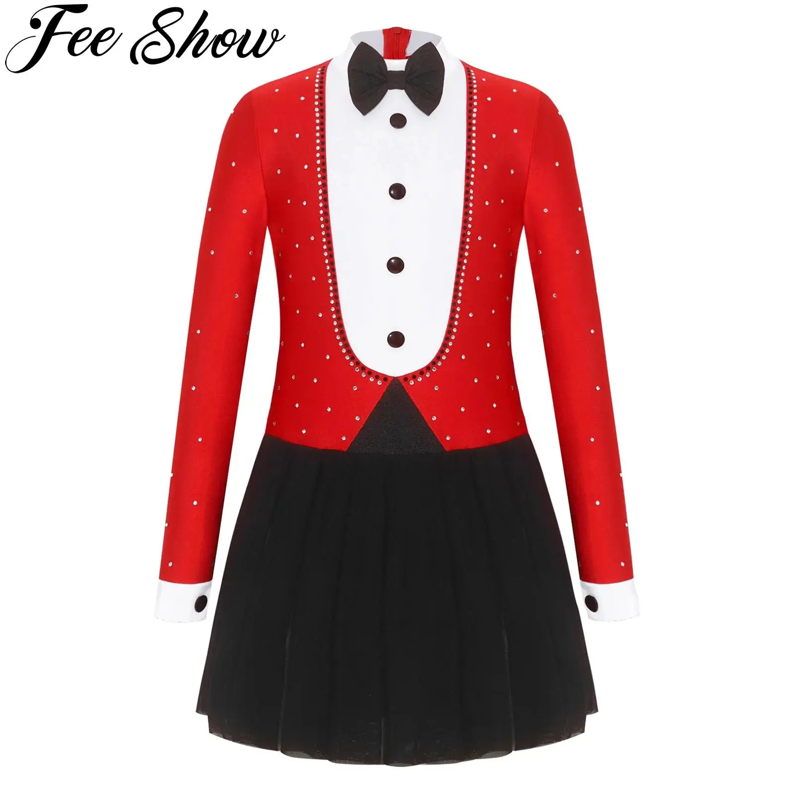 Kids Girls Circus Ringmaster Magician Costume Long Sleeves Rhinestone Ballet Dance Dress for Halloween Carnival Party Cosplay
