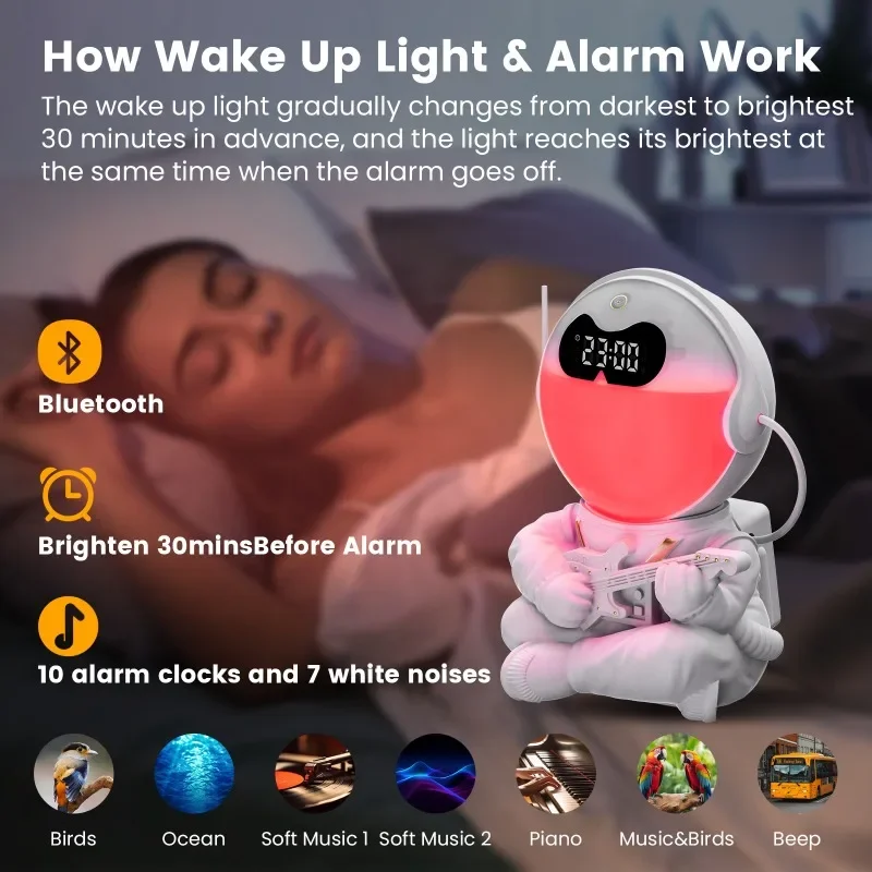 Multi-functional 3-IN-1 Astronaut Mood Night Light with Bluetooth Speaker White Noise & Wake Up Alarm Clock for Home Room Decor