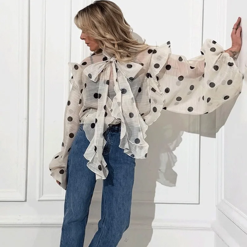 

Ticketsx Women's Fashion Printed Shirts New Lace Up See Through Ruffled Patchwork Loose Shirt Elegant Casual Streetwear Blouses