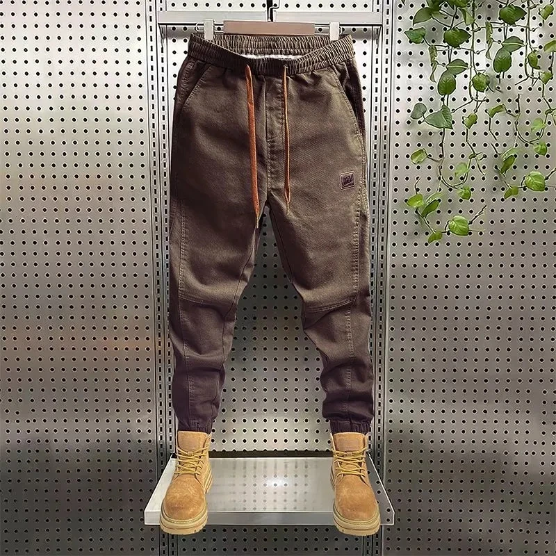 

Casual Pants For Men Spring And Autumn New Loose Vintage Overalls Elastic Waist Solid Color All-match Cargo Pants Men Clothing