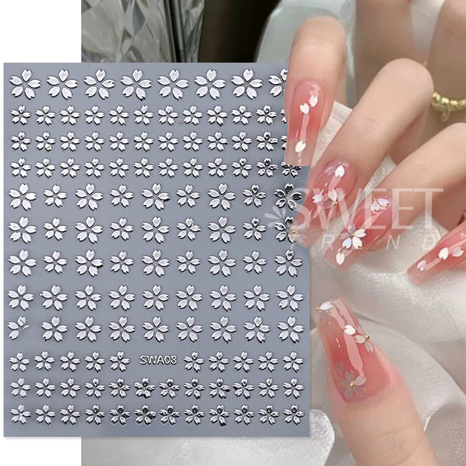 3D Cherry Blossoms Nail Stickers Metallic Gold Silver Laser Sakura Flower Petals Y2K Manicure Slider DIY Holographic Decoration