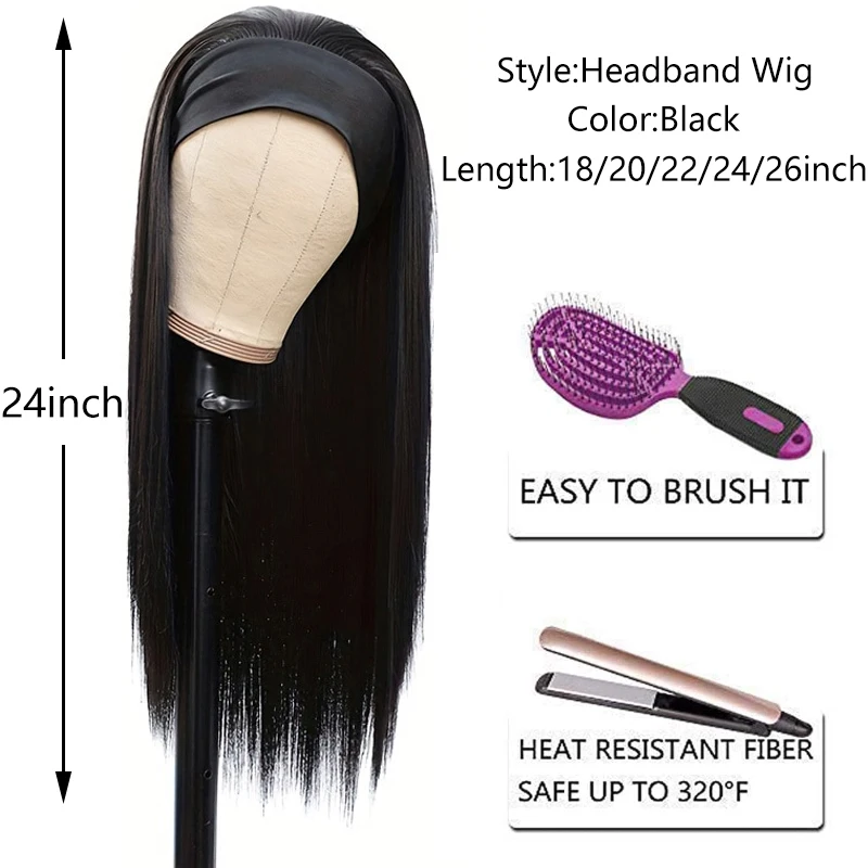 18/20/22/24/26 بوصة مستقيم عقال شعر مستعار أسود مقاومة للحرارة الاصطناعية الشعر المرأة عقال شعر مستعار آلة كاملة الباروكات النساء