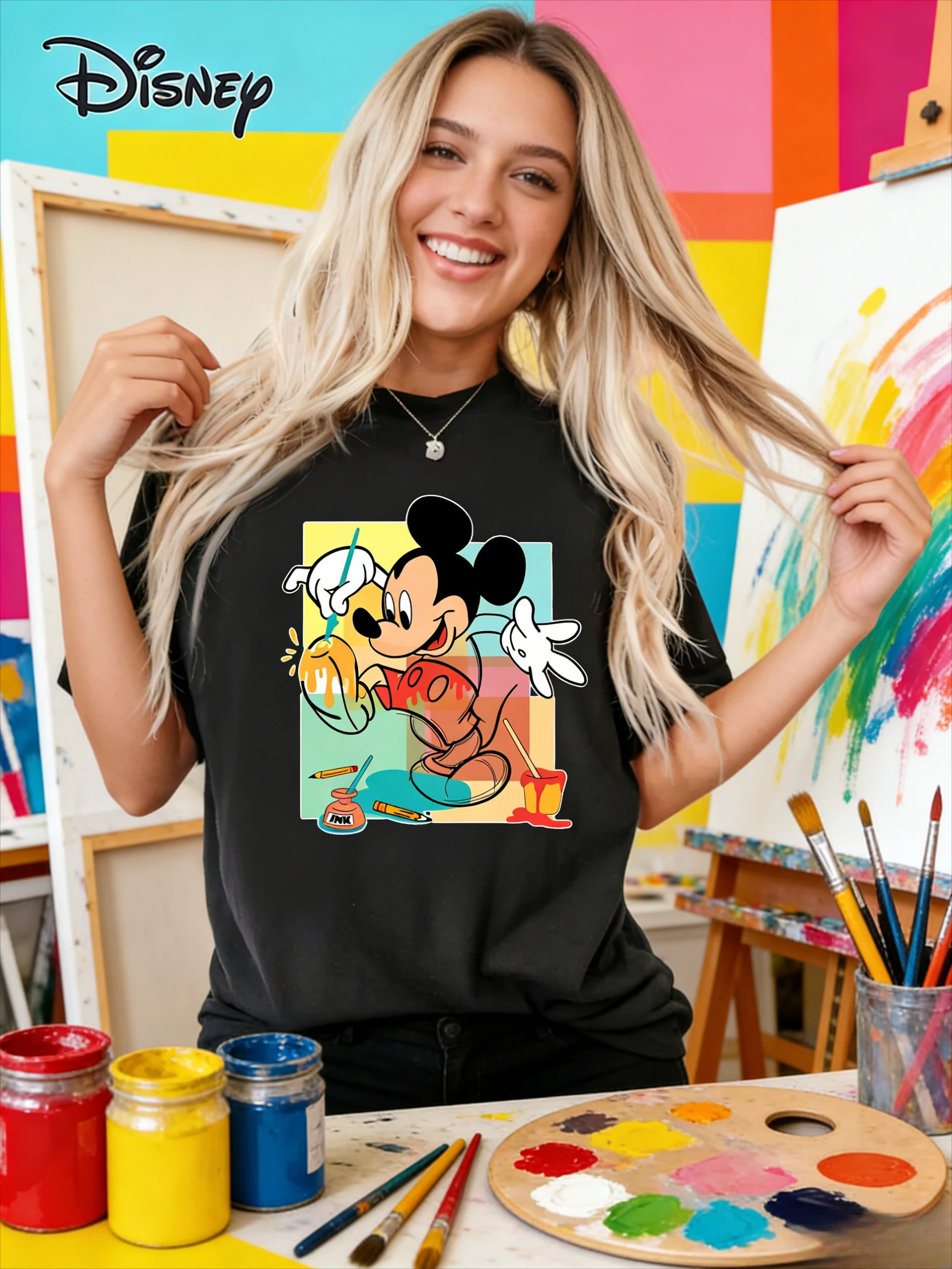 

Женская футболка Disney Pink с Микки Маусом и художественной росписью, мужская хлопковая футболка с круглым вырезом, повседневная уличная одежда большого размера с короткими рукавами, топ, тренд