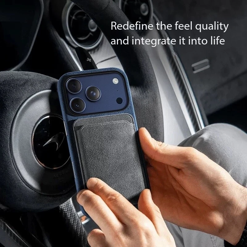 Etui portfelowe z magnetyczną skórą ALCANTARA do iPhone 16 17 18 Pro Max Air z uchwytem na karty Magsafe, etui do Samsung S25 — zdjęcie produktu 2
