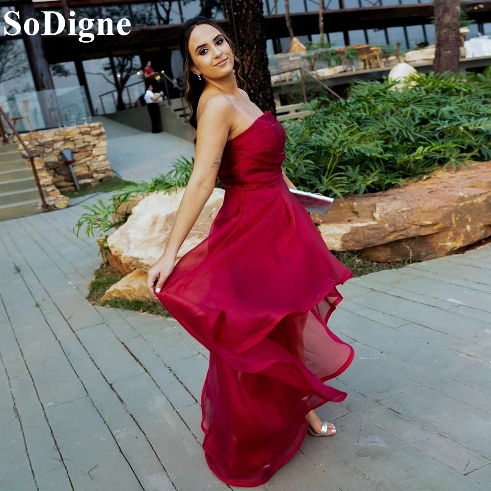 

SoDigne Elegant Burgundy Evening Dresses Strapless Ruched Pleated Banquet Party Dress 2024 Formal Occasion Prom Gowns for Women