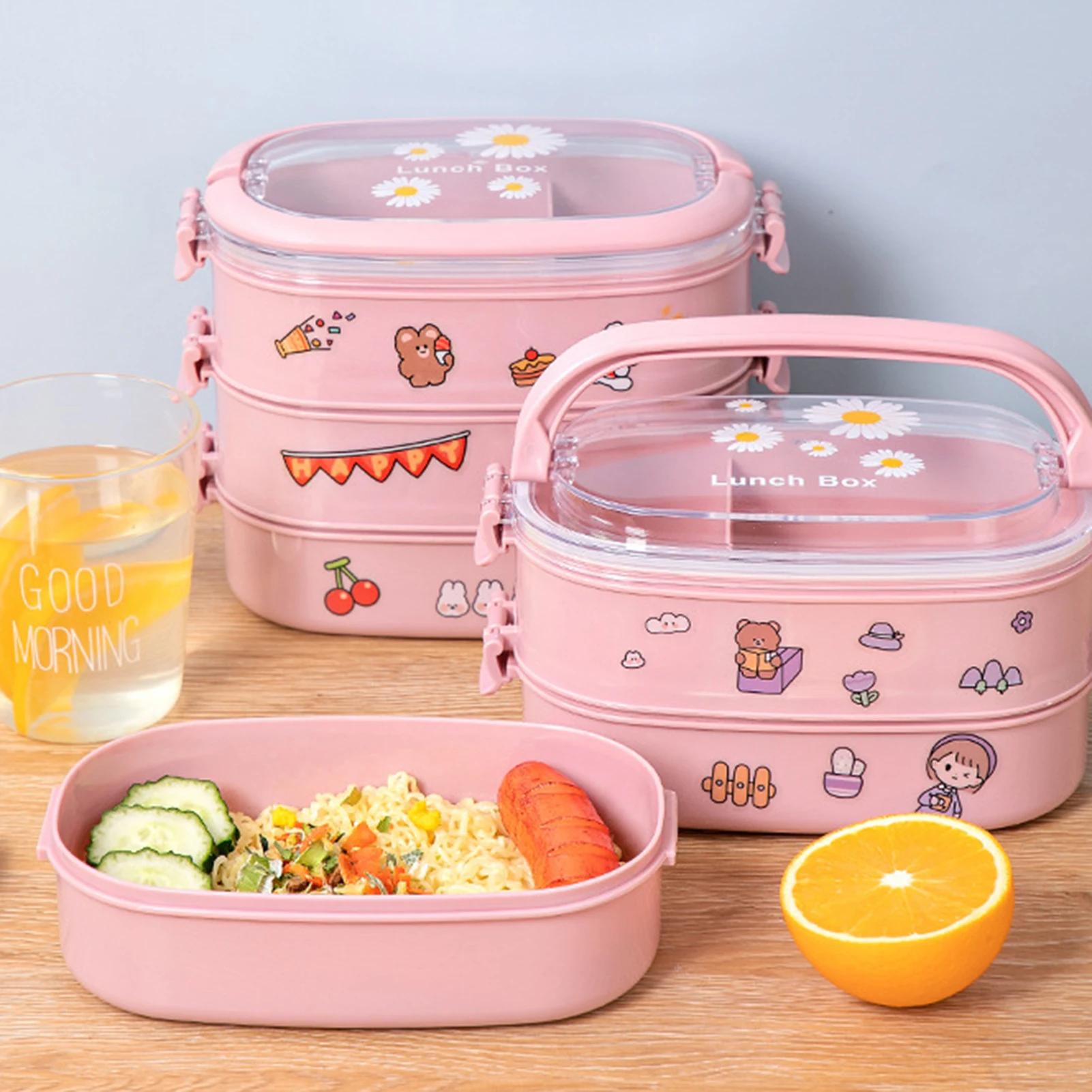 2/3 Layers Portable Lunch Box for Kids Leak-proof Food Container with Spoon and Chopsticks Microwave Bento Boxes Dinnerware Set