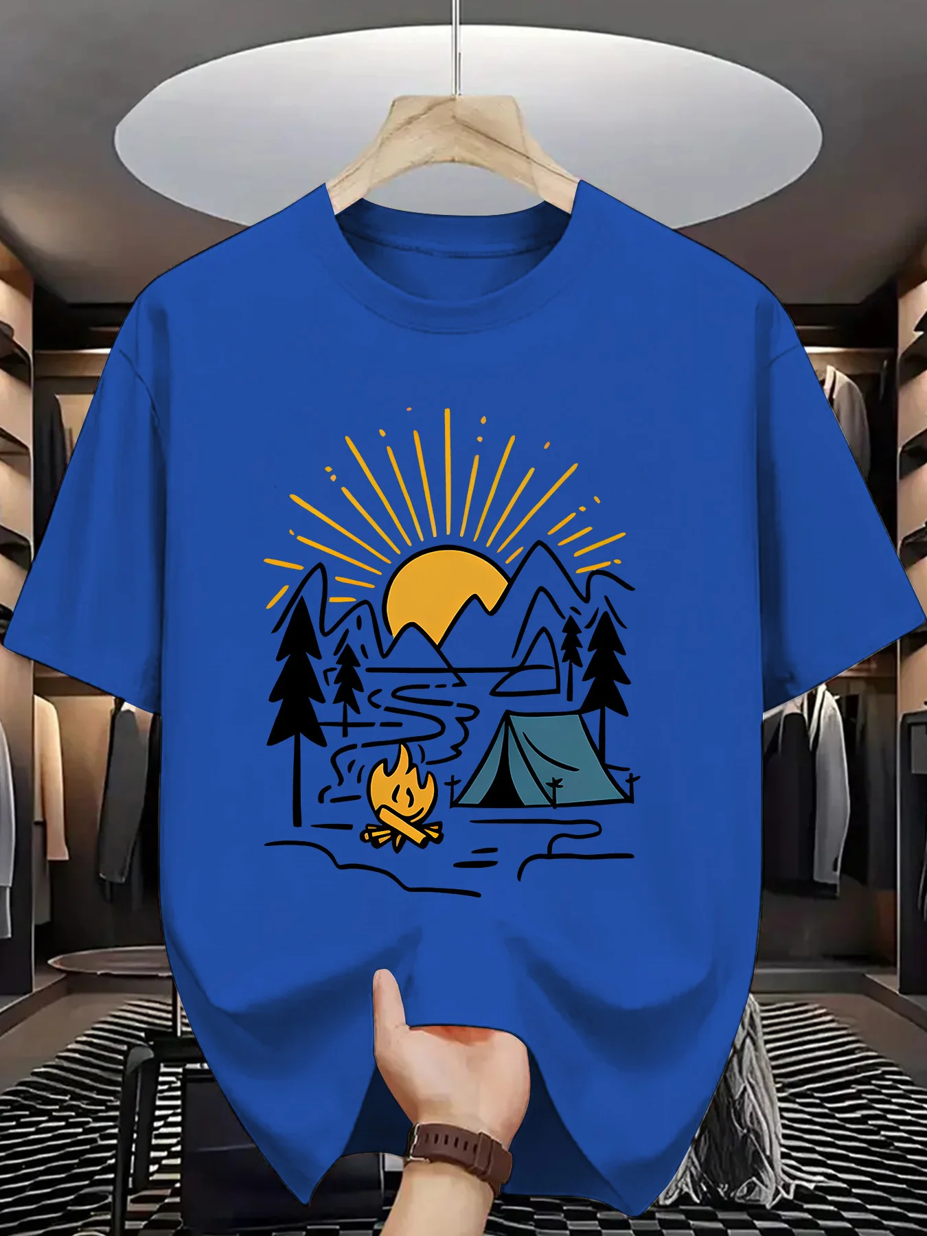 Mountain Camping Scene Mens Crew Neck T Shirt Tent Campfire Sun Forest Graphic Short Sleeve Tee Casual Male Street Tops