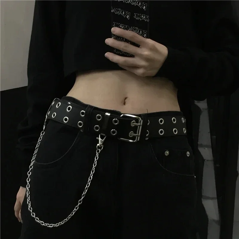 

Women's Belt Trend Double Ring Belt Double Hole Eyelet Grommet Leather Buckle Punk Pin Belt Leisure Dress Jeans Gothic Waistband