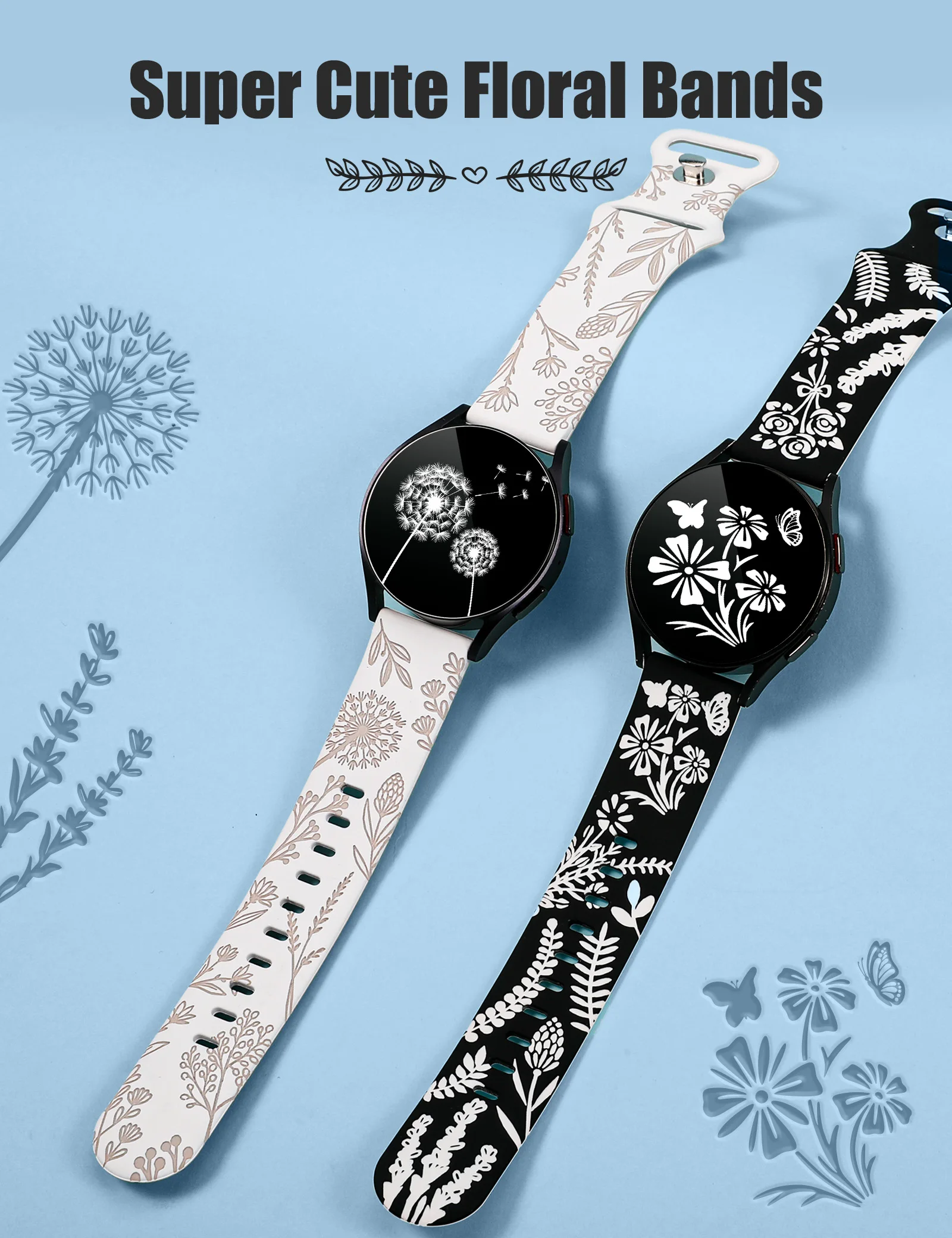 Wearlizer 2 Packs Two-Tone Floral Engraved Band For Samsung Galaxy Watch 7/FE/6/5/4 40mm Cute Sport Strap for 20mm watch band